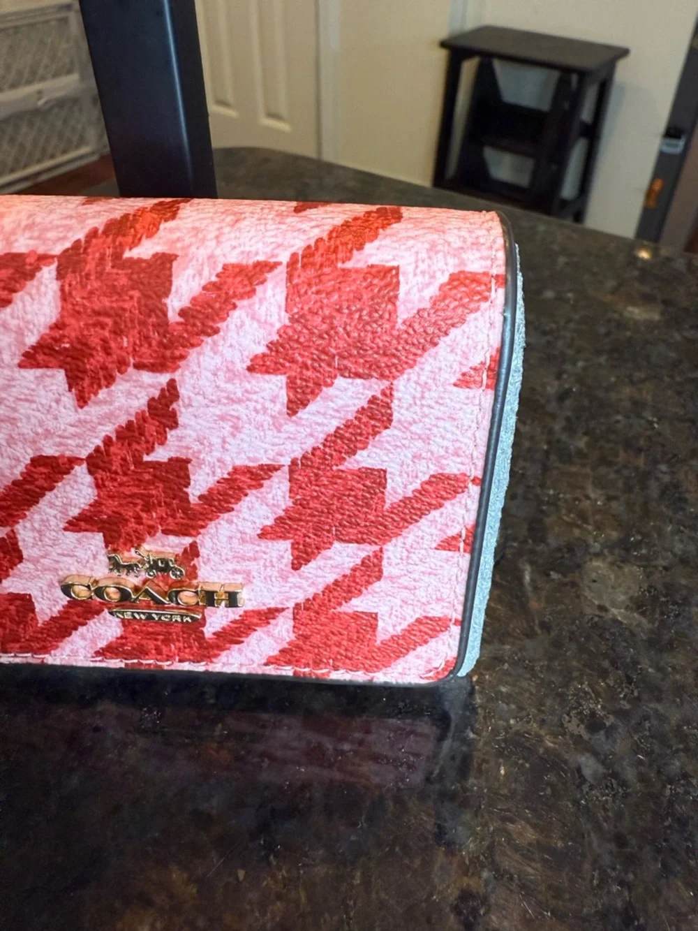 Coach Pink and Red Houndstooth Crossbody Wallet on Chain with Gold Logo